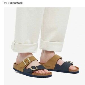 Birkenstock Women's 39 Arizona Split HEX Sandals, Midnight Blue, Tan